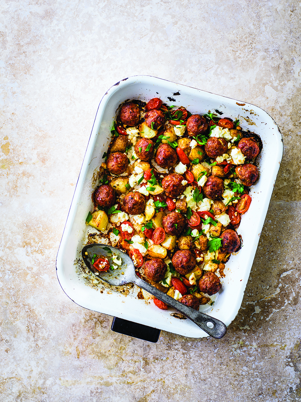 Mediterranean chorizo meatball and feta traybake