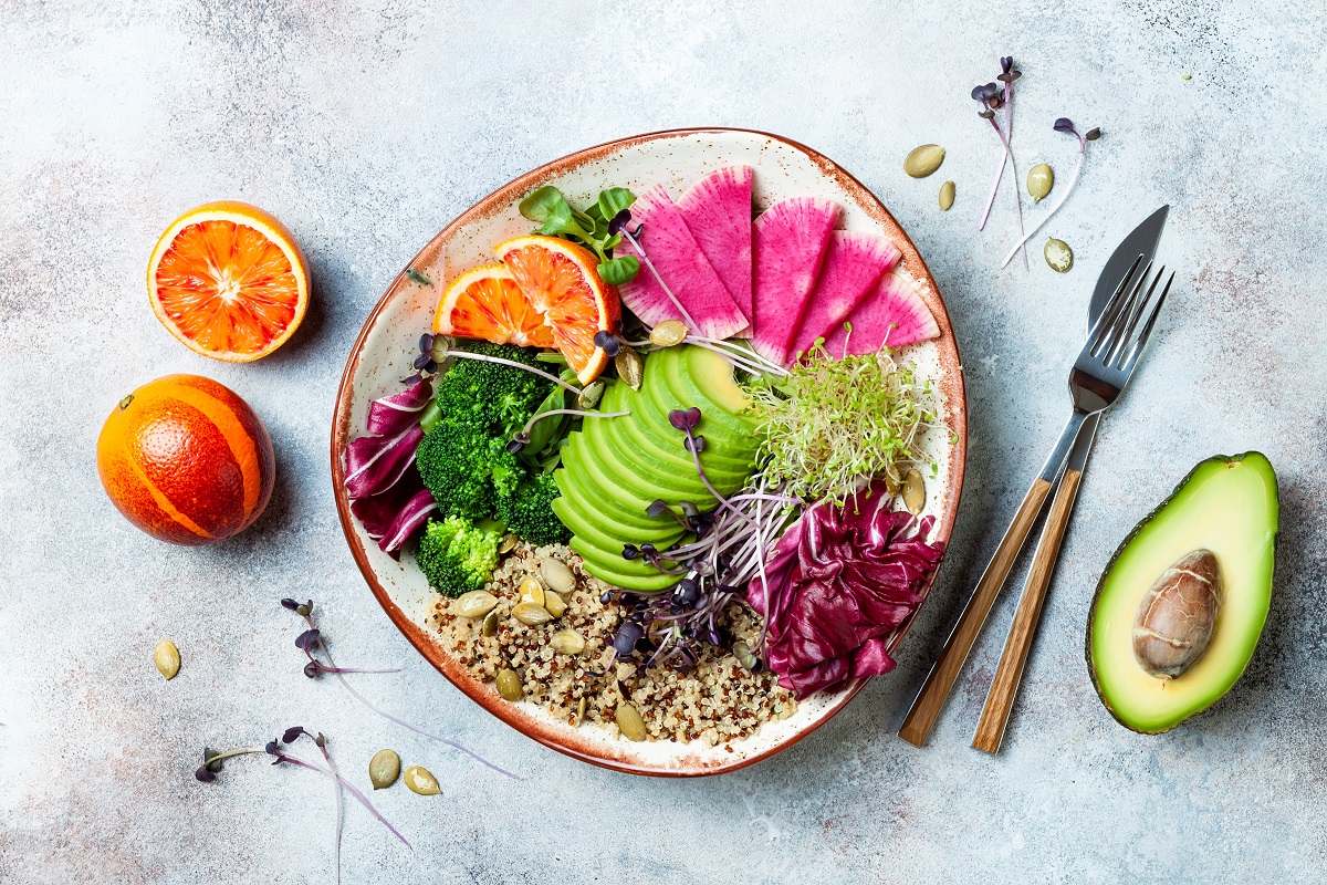 Vegan,,Detox,Buddha,Bowl,With,Quinoa,,Micro,Greens,,Avocado,,Blood