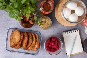 Batch,Cooking,Containers,Full,Of,Homemade,Meal,,Eggs,,Meat,,Raspberries,