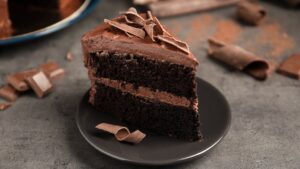 Plate,With,Slice,Of,Tasty,Homemade,Chocolate,Cake,On,Table