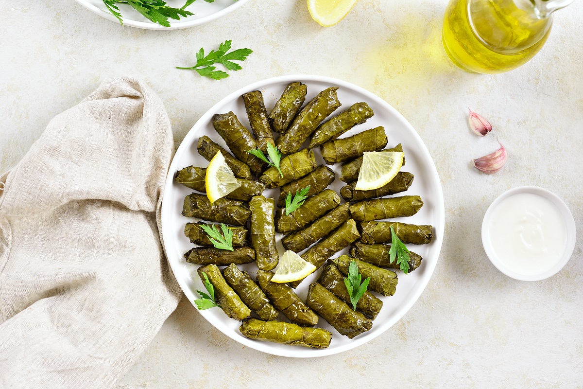 Dolma,,Stuffed,Grape,Leaves,With,Rice,And,Meat,On,Light