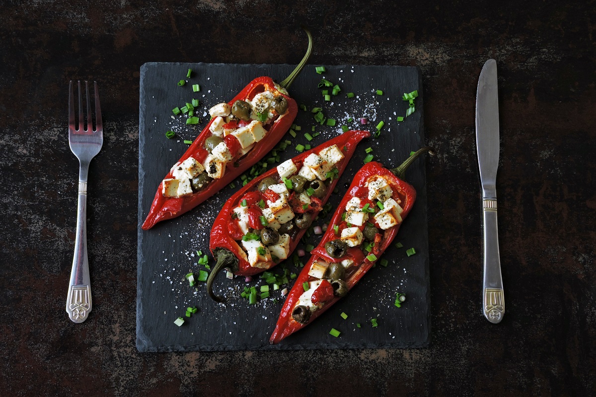 Baked,Red,Paprika,Stuffed,With,Feta,And,Olives.,Keto,Diet.