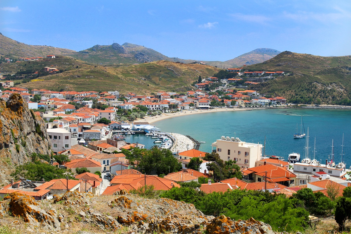 View,From,Hill,With,Old,Castle,To,Harbor,Of,Myrina