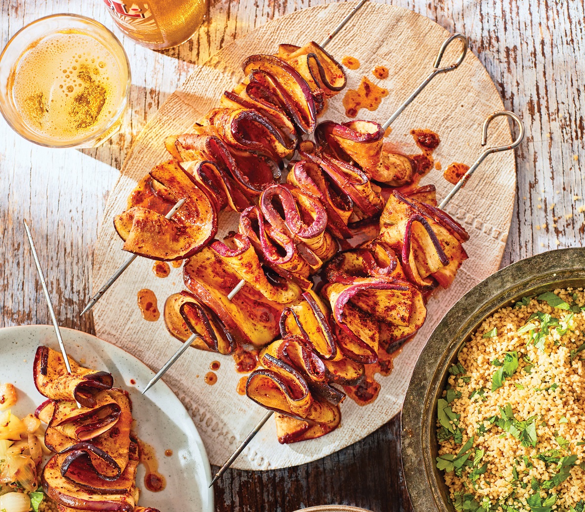 Aubergine kebabswith charredonion salsa skewers