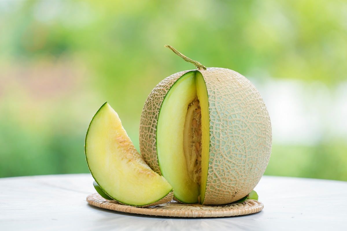 Green,Melon,On,Blurred,Greenery,Background,,Cantaloupe,Melon,Fruit,In