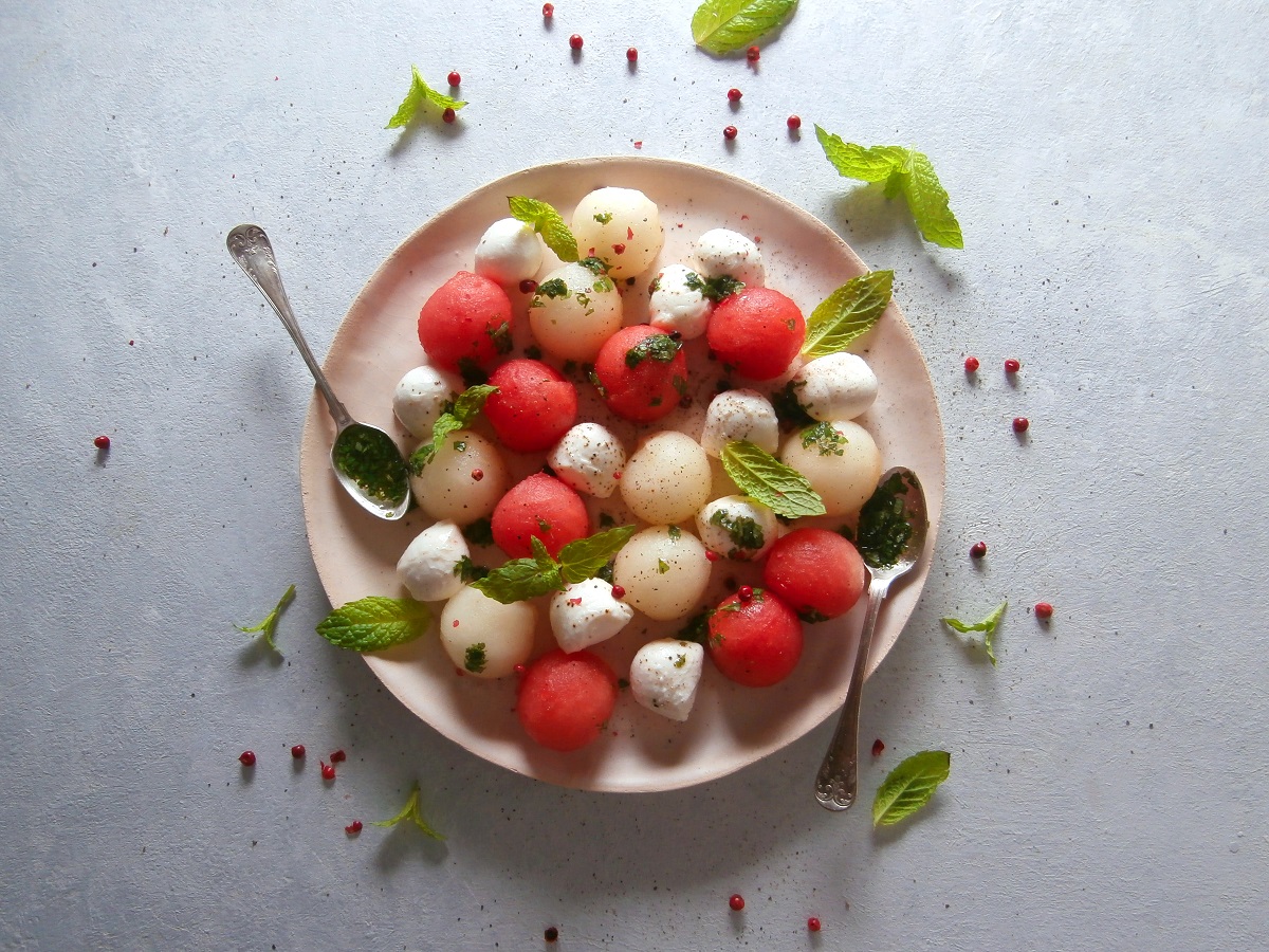 Melon,And,Watermelon,Salad,With,Mozzarella,And,Mint.