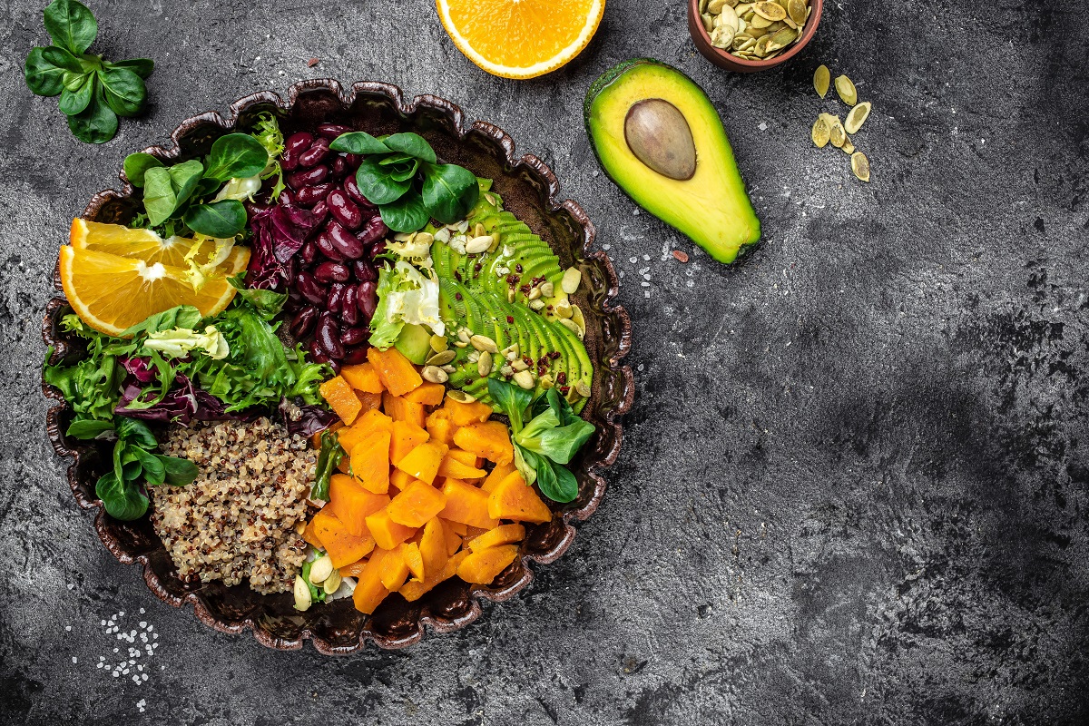 Salad,With,Quinoa,,Avocado,,Sweet,Potato,,Beans,On,Dark,Background.