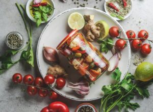 Jar,With,Various,Pickled,Vegetables,On,Plate,With,Herbs,And