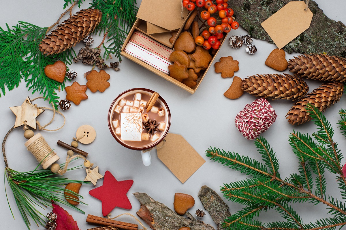 Cup,With,Homemade,Christmas,Hot,Chocolate,Drink,,Marshmallows,And,Knitted