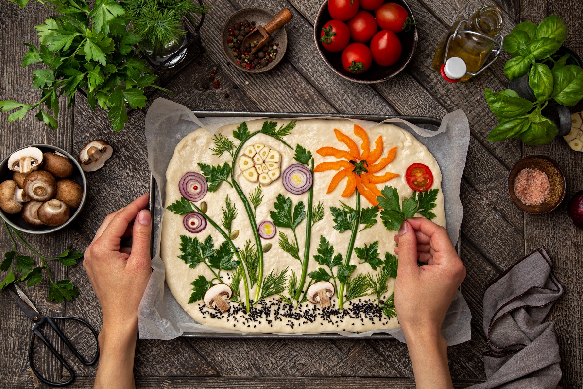 Female,Hands,Decorating,Raw,Floral,Painting,Focaccia,,Garden,Flatbread,Art,