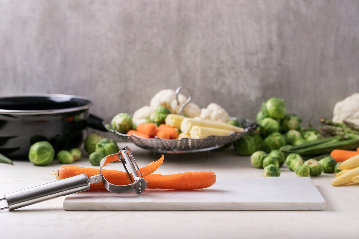Julienne,Peeler,Served,With,Fresh,Greens,Ready,To,Cook:,Brussels