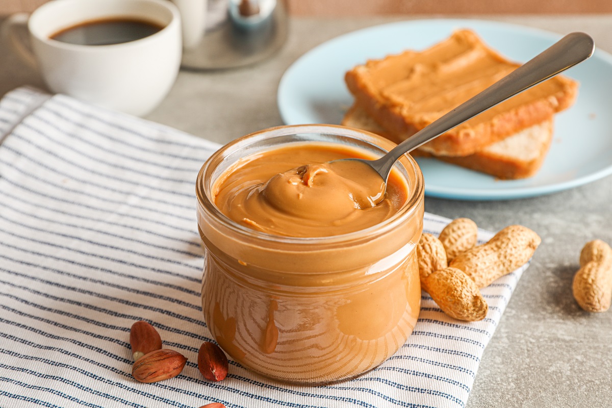 Yummy,Peanut,Butter,Breakfast,On,Grey,Background,,Space,For,Text