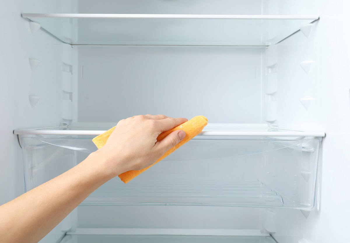 Woman,Cleaning,Empty,Refrigerator,With,Rag,,Closeup