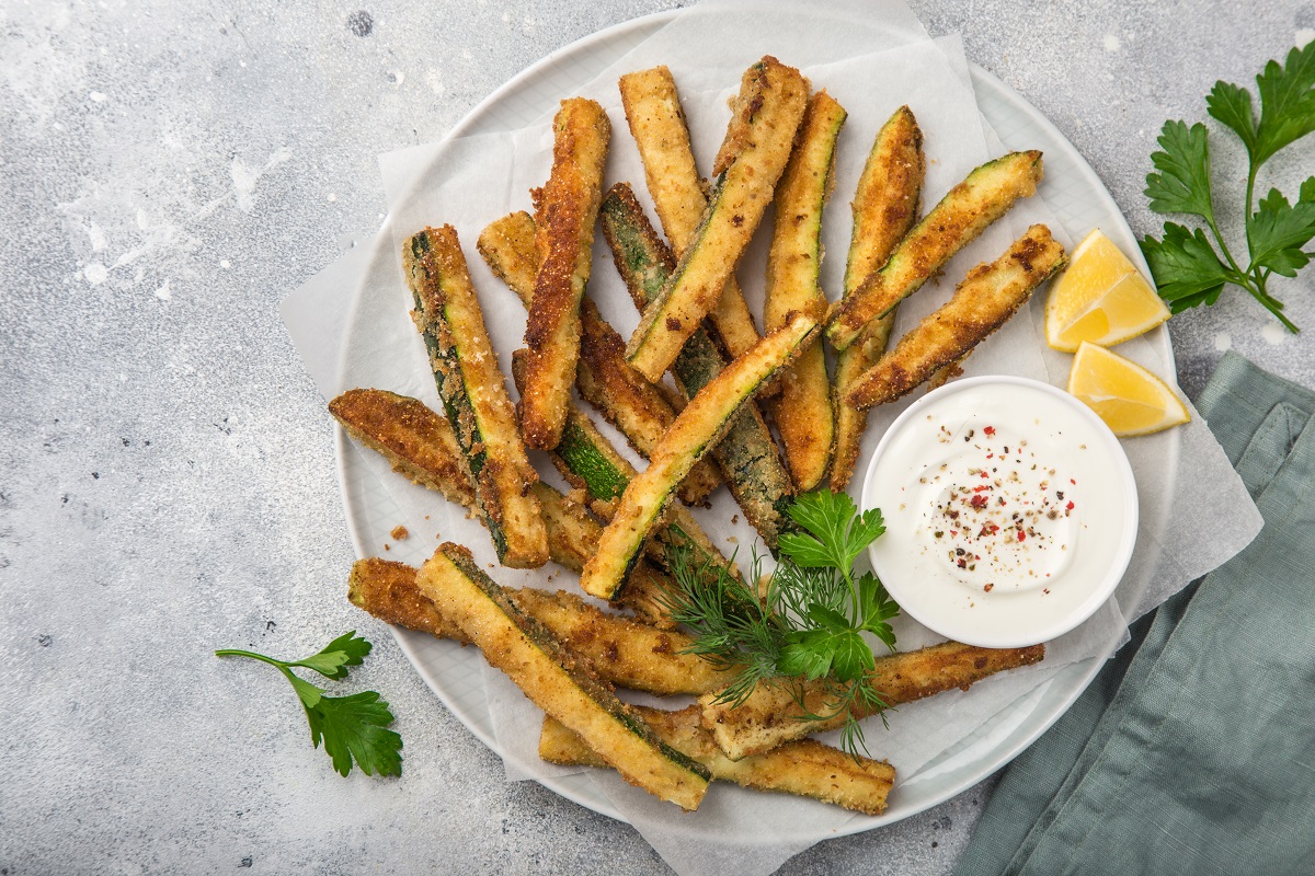 Crispy,Zucchini,Fries,With,Garlic,Yogurt,Sause.,Top,View