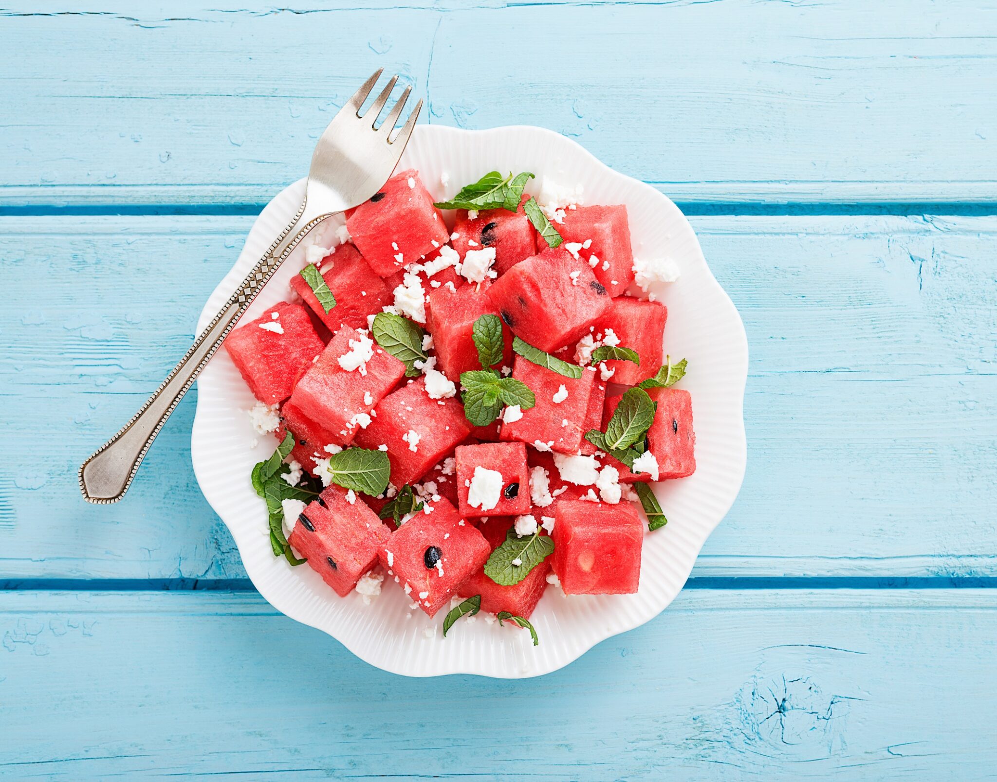 Summer,Salad,Of,Watermelon,,Feta,Cheese,And,Mint,Leaves.,On