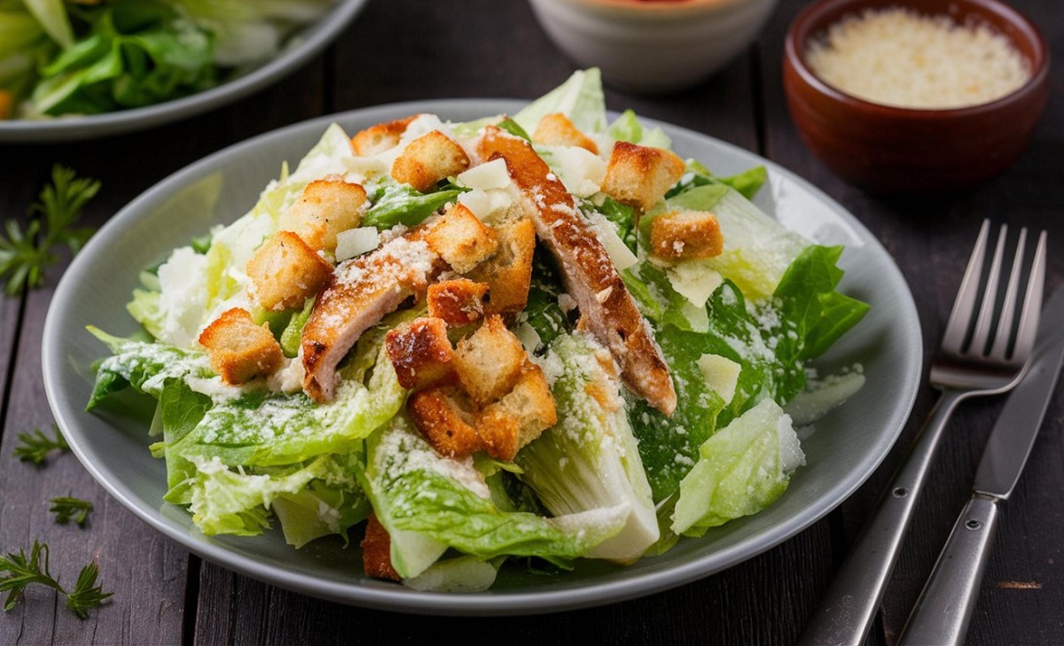 Caesar,Chicken,Salad:,Crisp,Romaine,,Grilled,Chicken,,Croutons,,And,Parmesan,