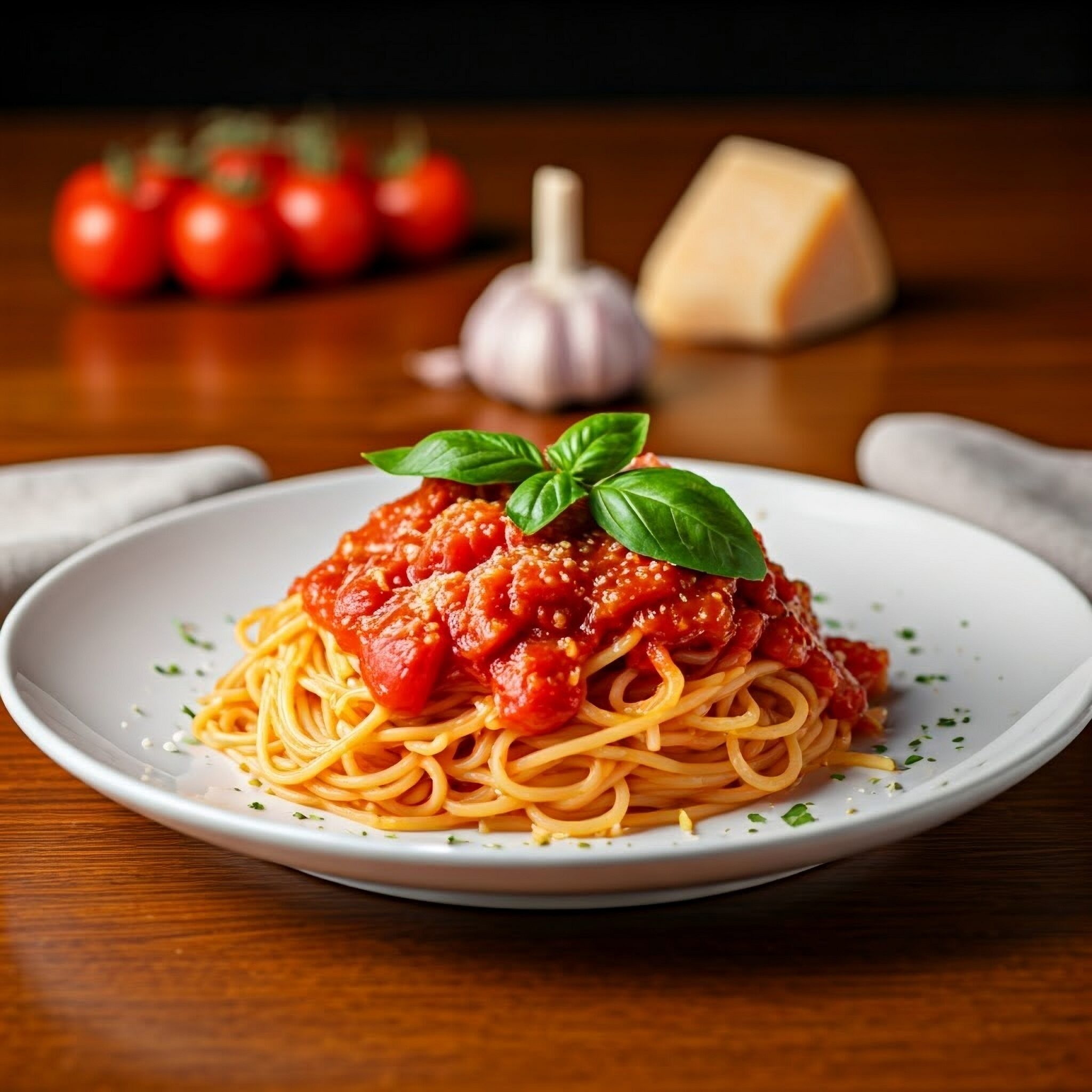 Delicious,Spaghetti,Pomodoro,On,Big,Plate,,Simple,Background