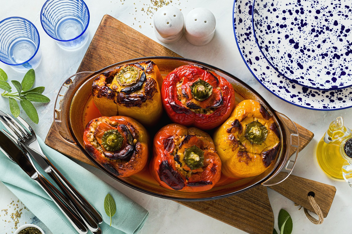 Freshly,Baked,Stuffed,Peppers,With,Lentils,And,Rice,,In,A