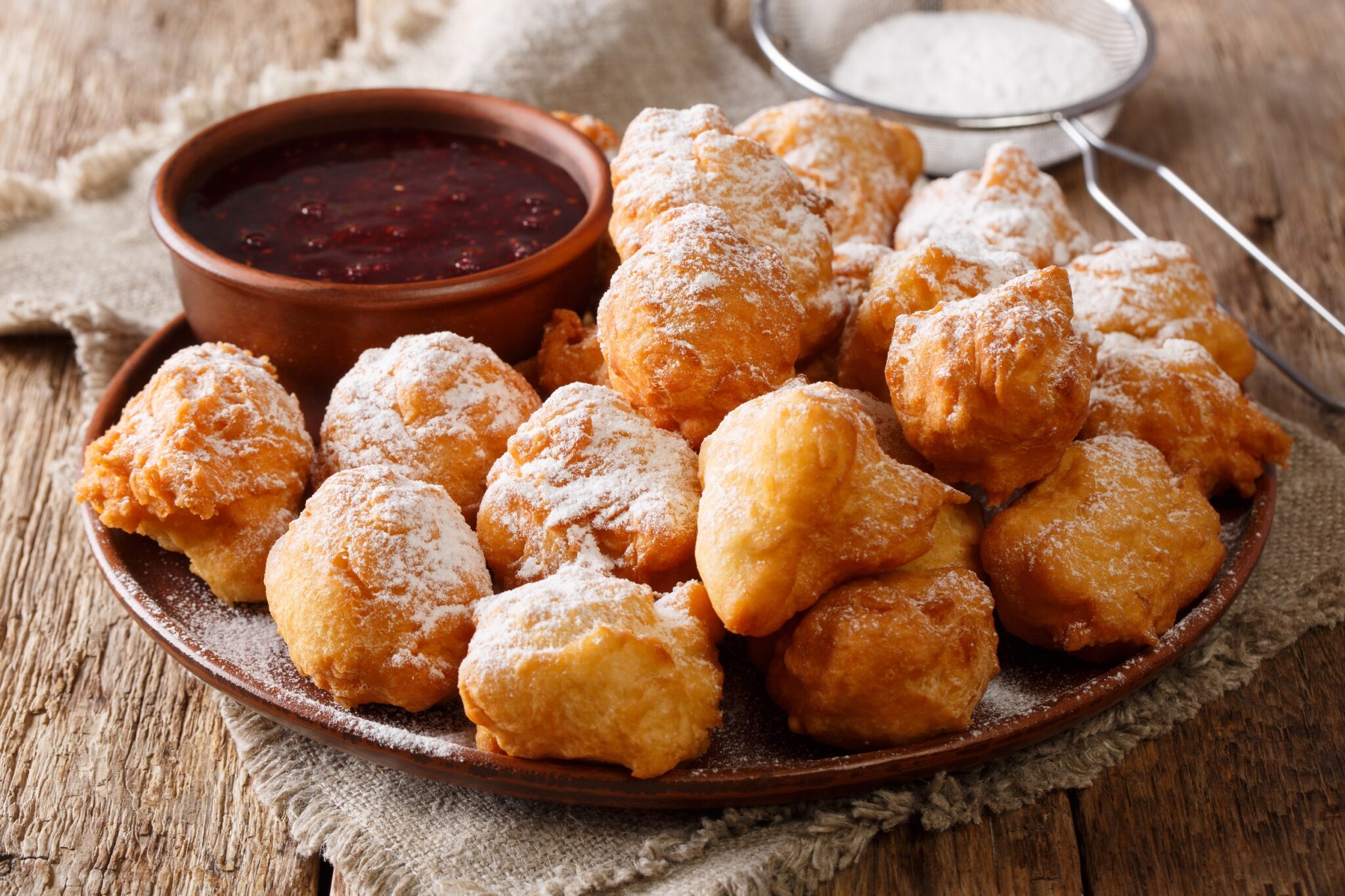 Albanian,Dessert,Sweet,Petulla,Fried,Dough,With,Raspberry,Jam,And