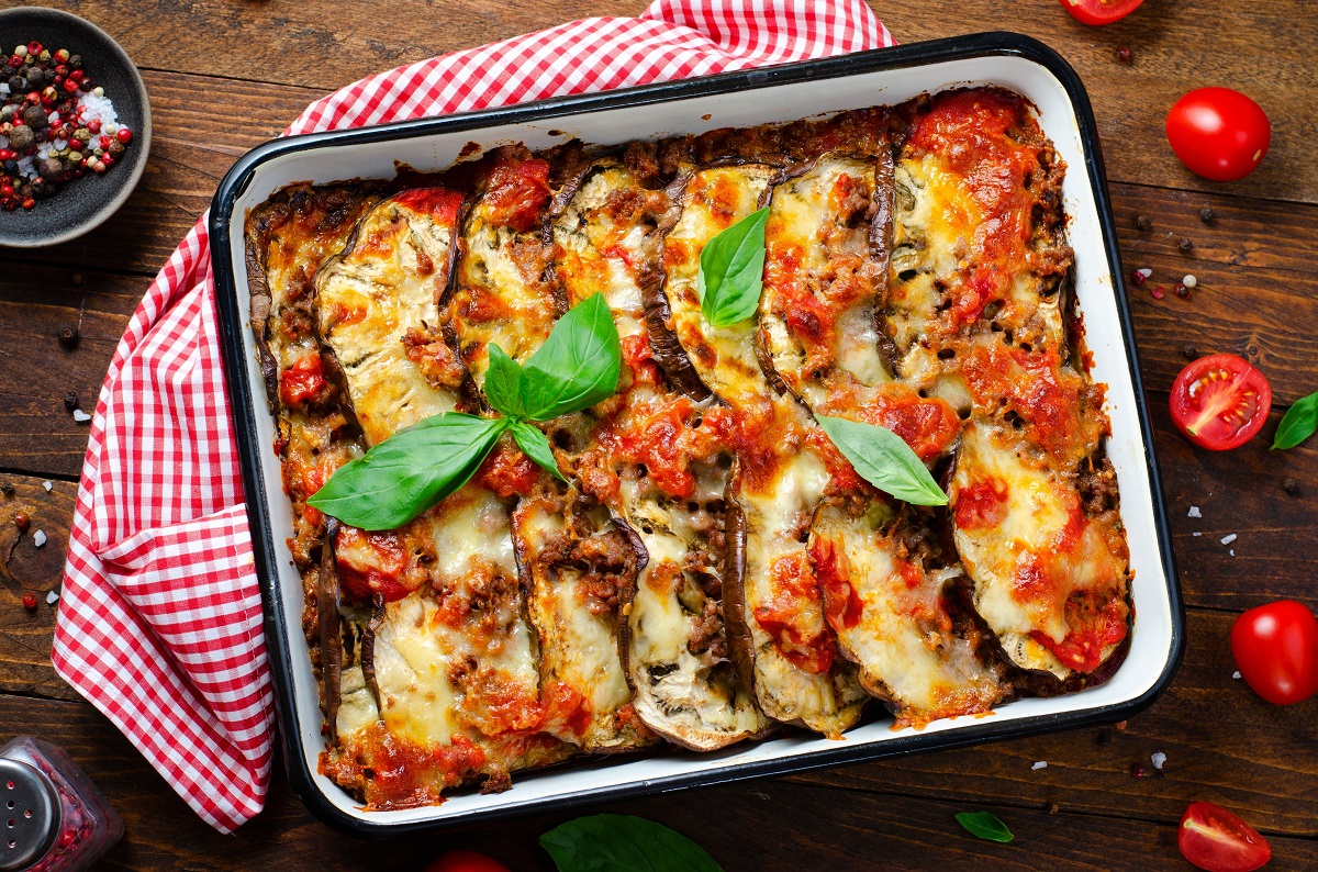 Eggplant,Casserole,,Roasted,Eggplant,Dish,With,Minced,Meat,,Tomato,Sauce