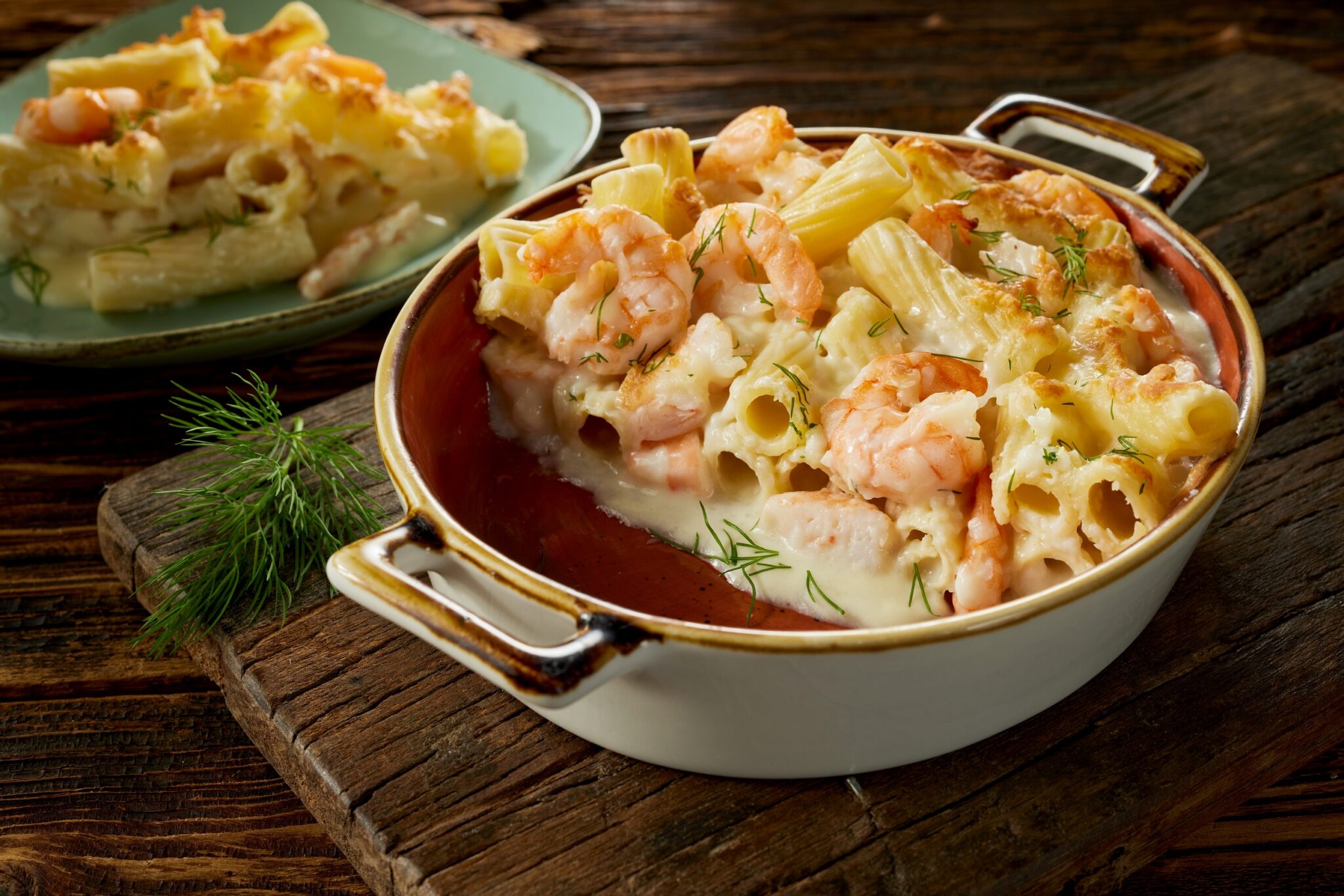 High,Angle,Of,Delicious,Rigatoni,Pasta,And,Shrimps,Gratin,Baked
