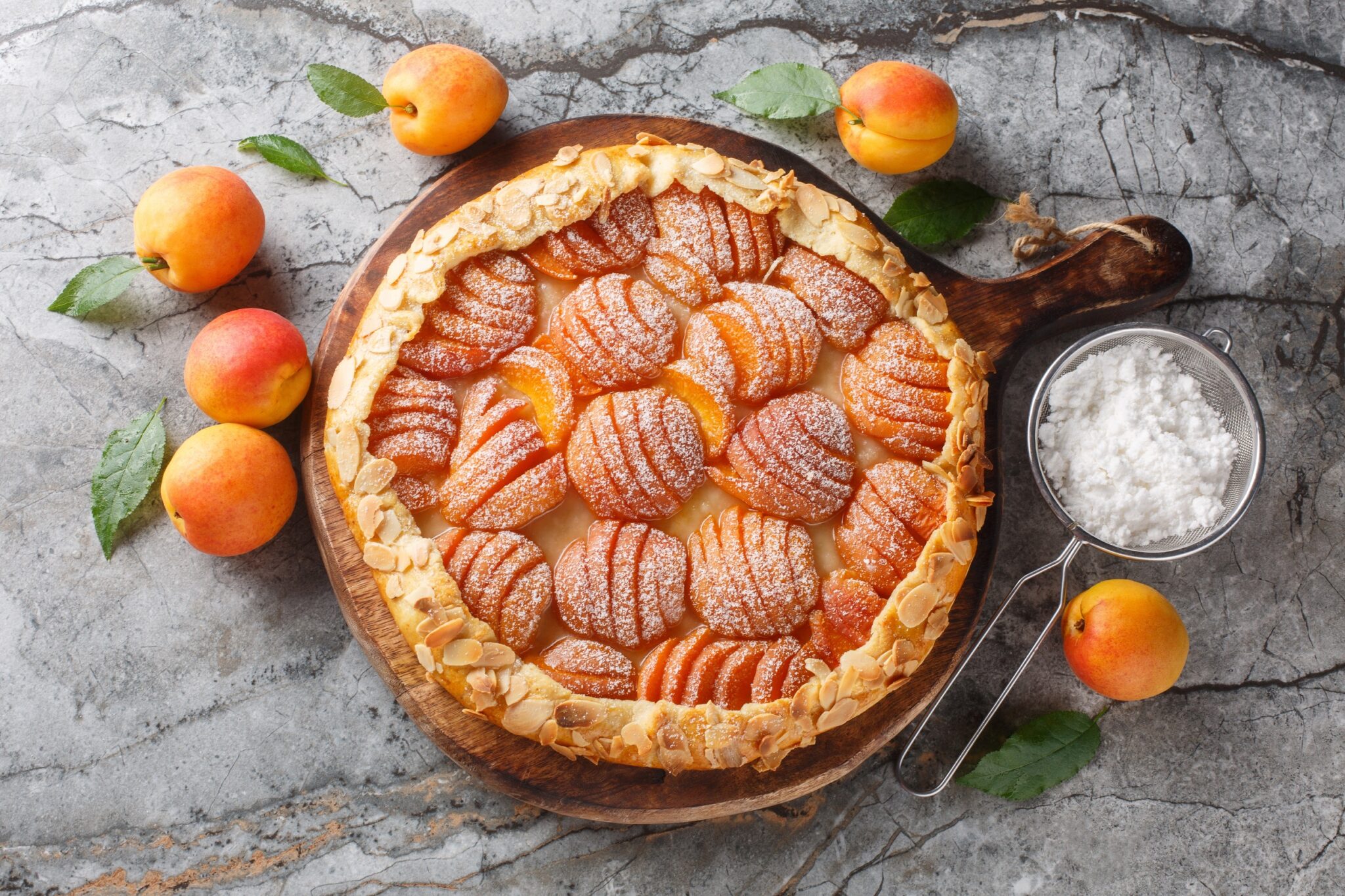 French,Fresh,Apricot,Galette,Pie,Cake,With,Almonds,And,Powdered