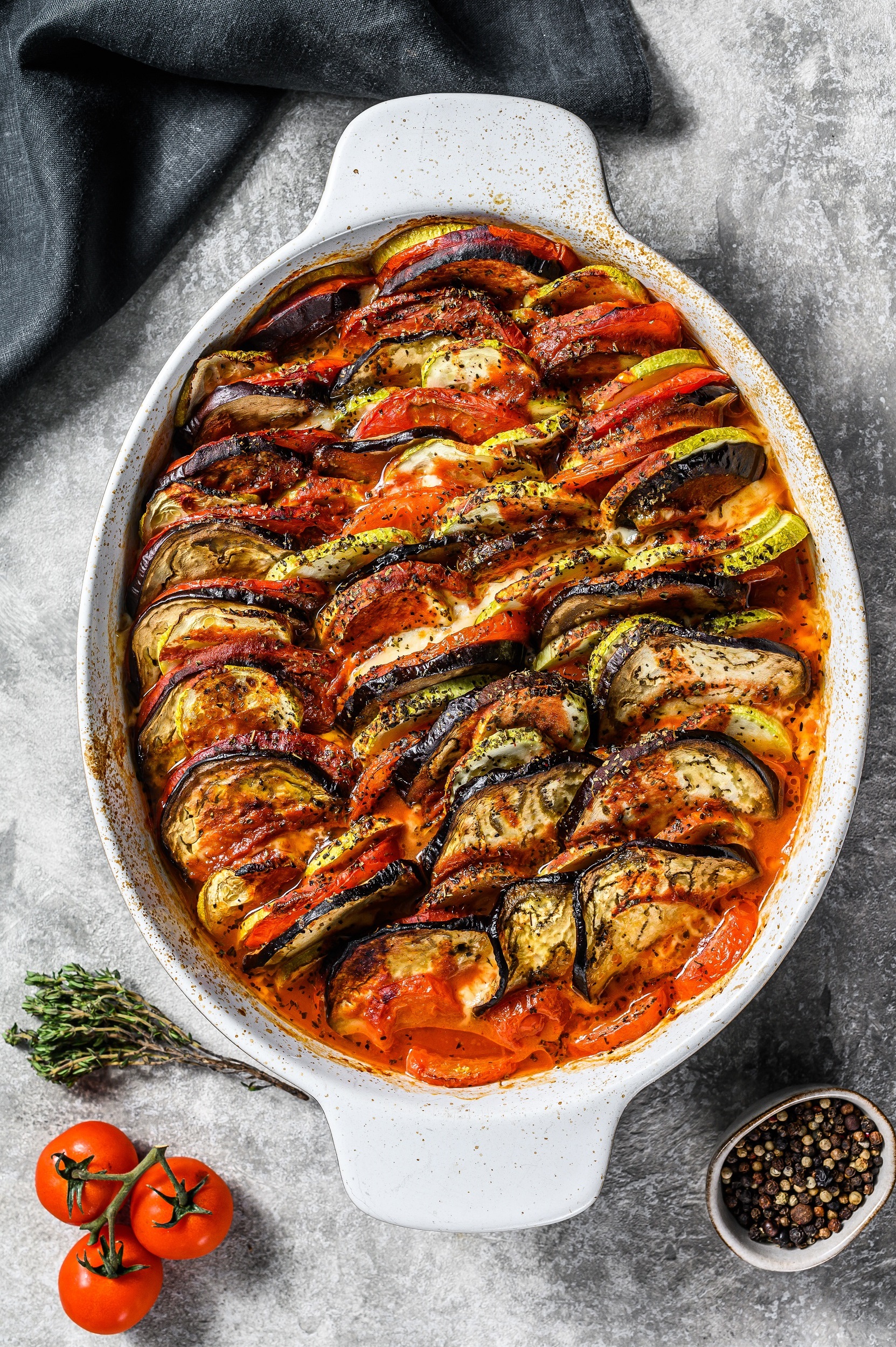Traditional,Homemade,Vegetable,Ratatouille,Baked,In,Dish.,Gray,Background.,Top