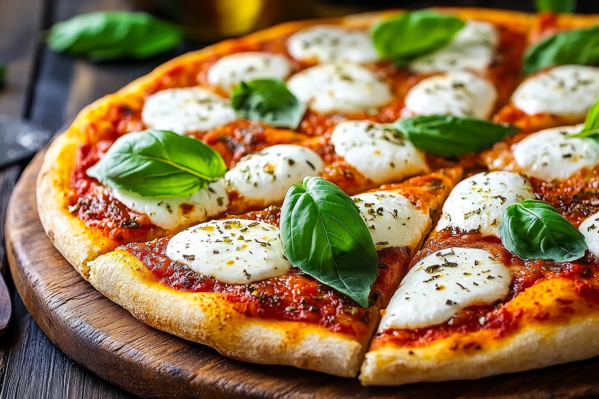 Sliced,Pizza,Margherita,Is,Garnished,With,Fresh,Basil,Leaves,And