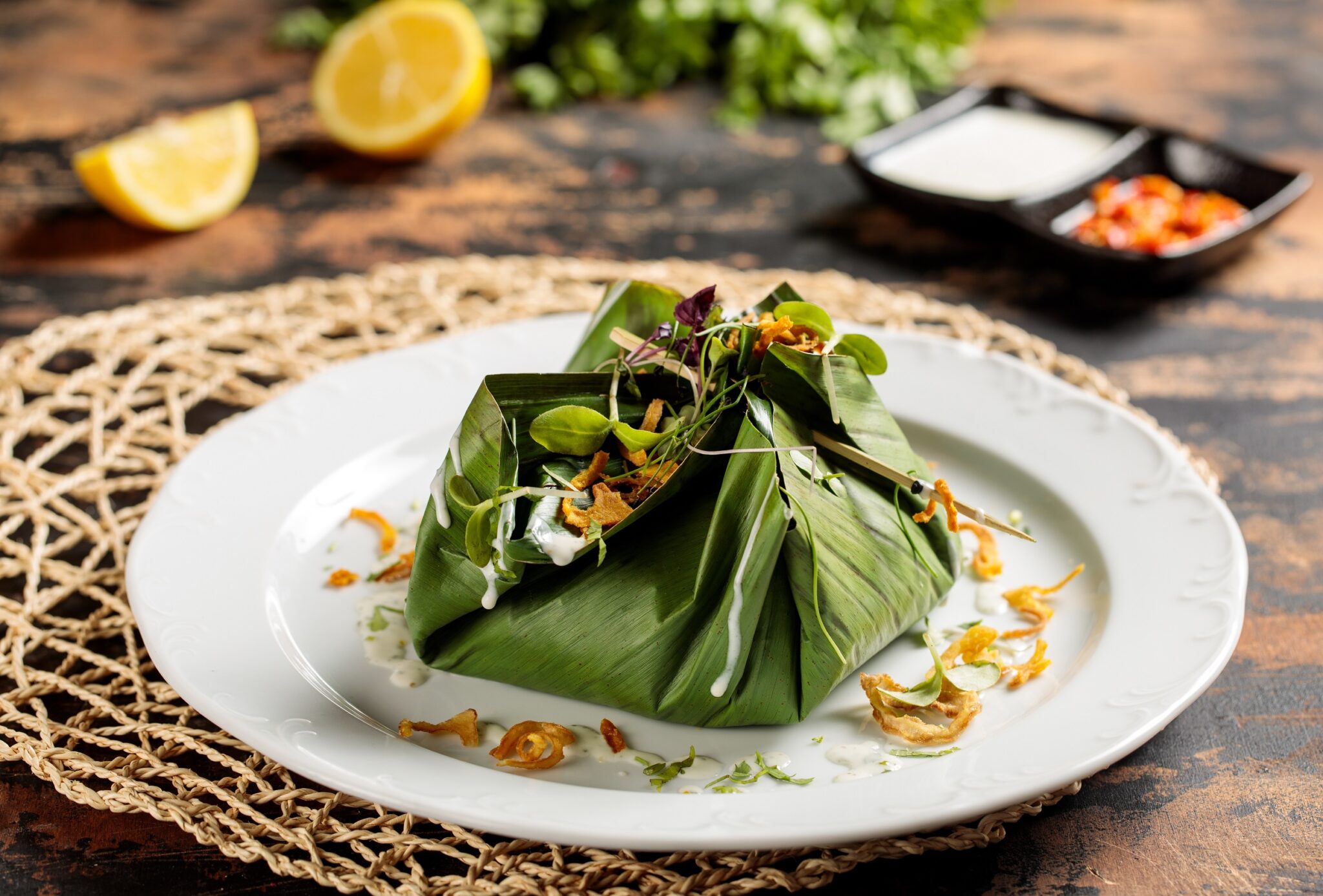 Chicken,Biryani,Wrap,In,Banana,Leaf,Served,In,Dish,Isolated