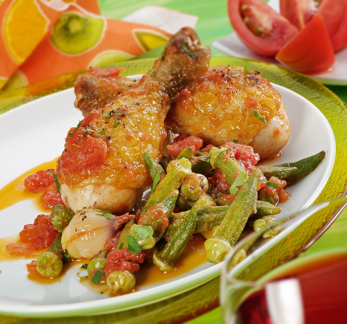 Drumsticks,Cooked,With,Okra,Small,Onions,And,Tomato,Sauce,Recipe