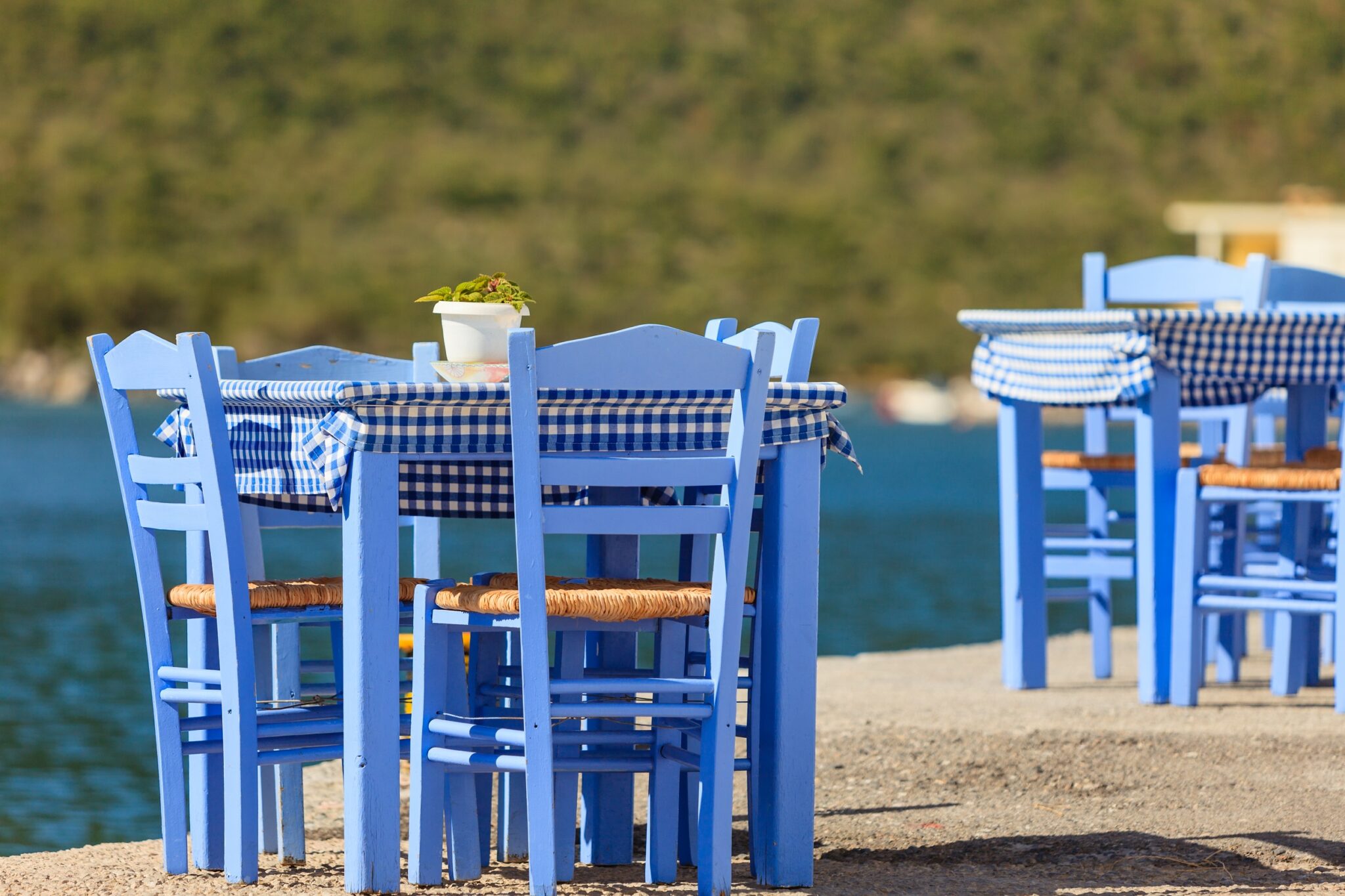 Seaside,Blue,Table,And,Chairs,Open,Cafe,Outdoor,Restaurant,In