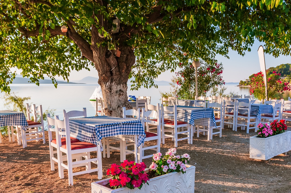 Lefkada,,Greece.,Seaside,Taverna,On,A,Sunny,Morning.