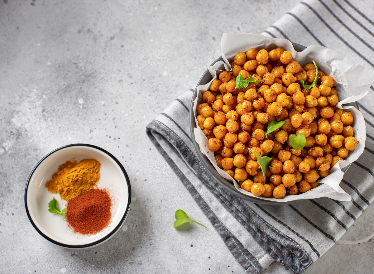 Spicy,Roasted,Chickpeas.,Vegan,Healthy,Snacks.,Gray,Concrete,Background,,Copy