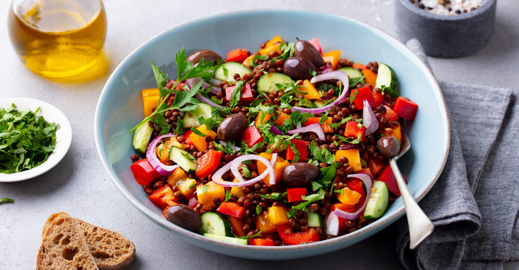 Lentil,Salad,With,Mix,Vegetables,In,Bowl.,Grey,Background.,Close