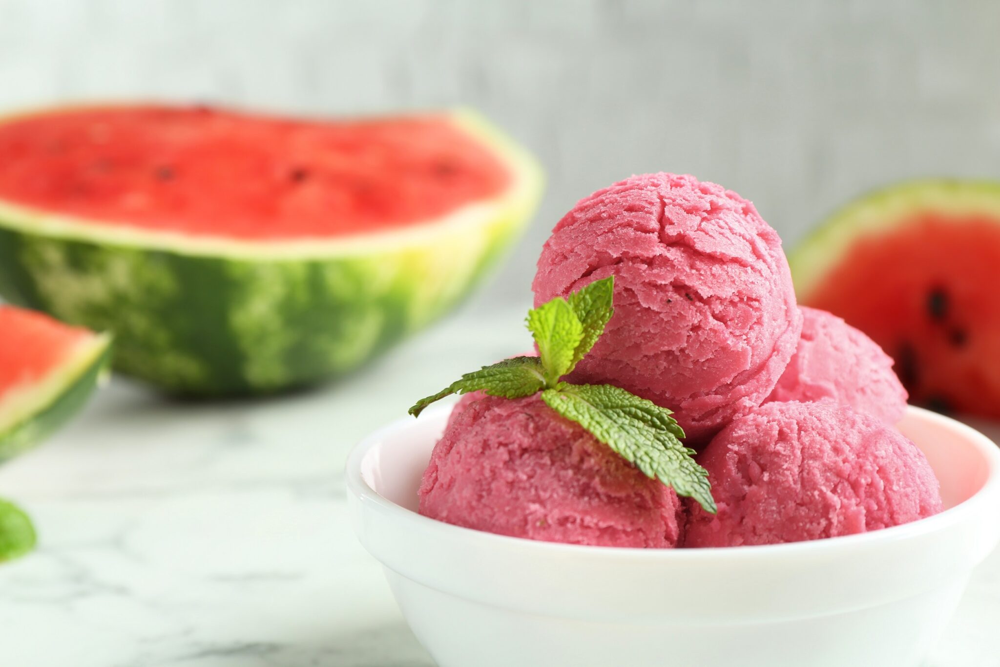 Scoops,Of,Tasty,Watermelon,Sorbet,With,Mint,In,Bowl,On