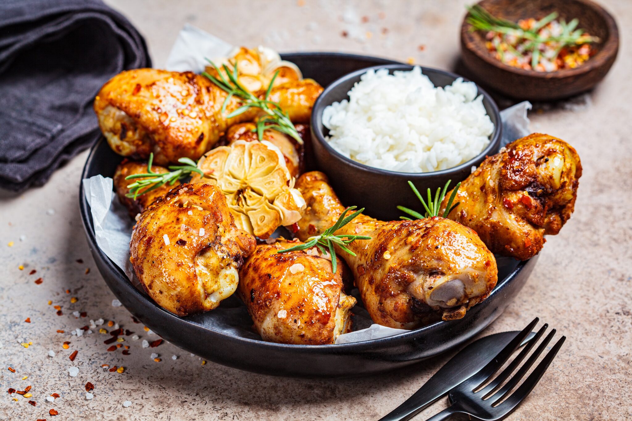 Fried,Spicy,Chicken,Legs,With,Rice,,Garlic,And,Herbs,In