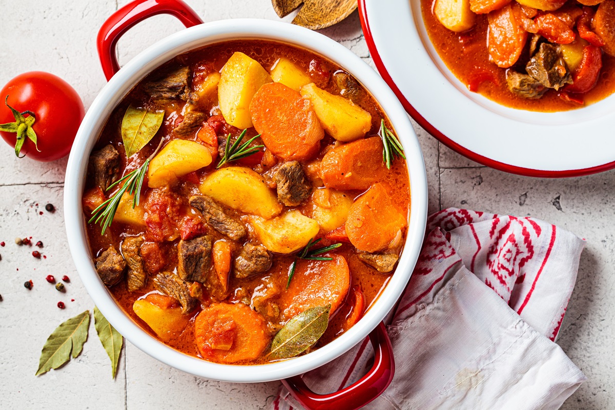 Beef,Stew,With,Potatoes,And,Carrots,In,Tomato,Sauce,In
