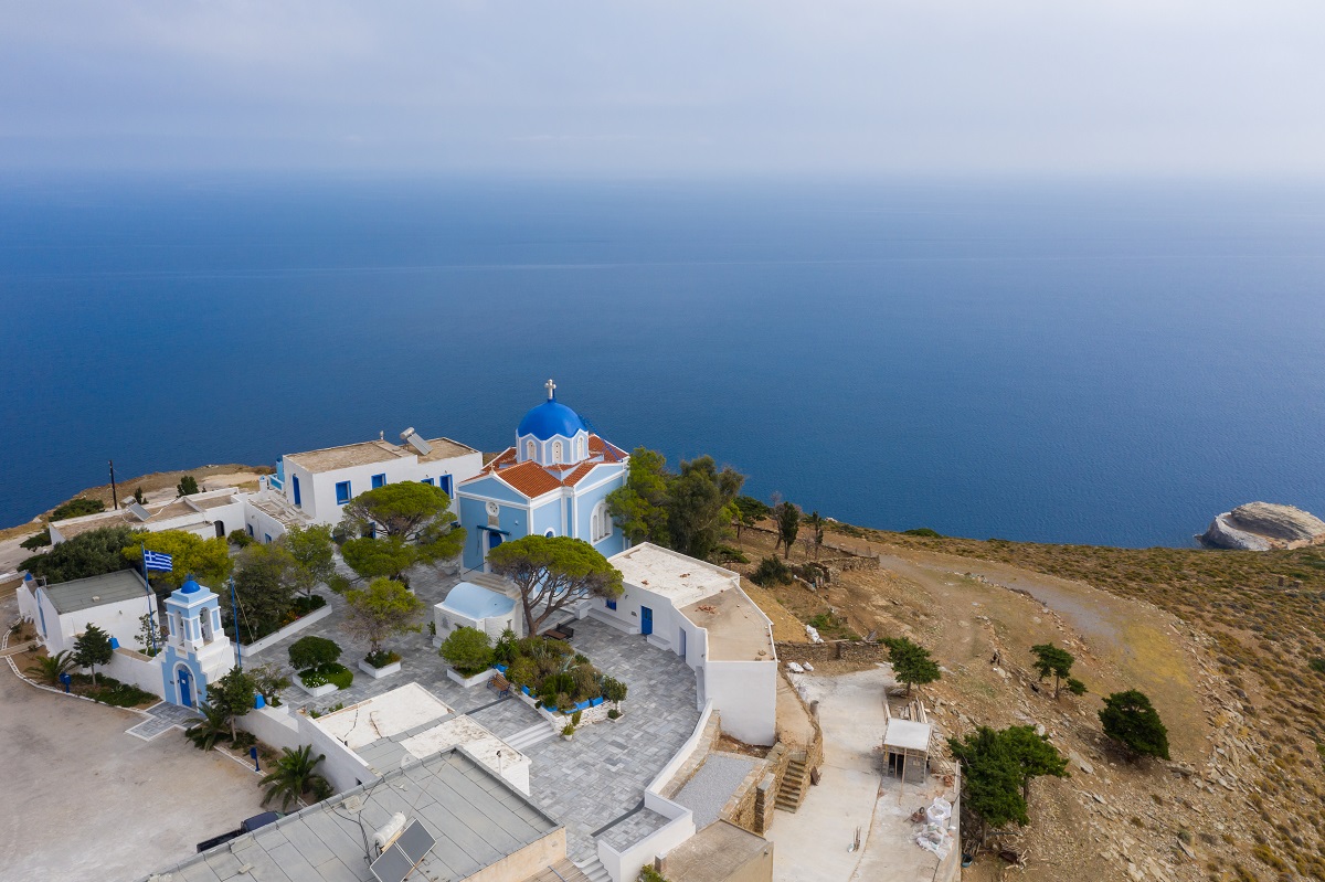 Greece.,Kea,Island,,Kastriani,Monastery,,Blue,Sea,Background.,Aerial,Drone