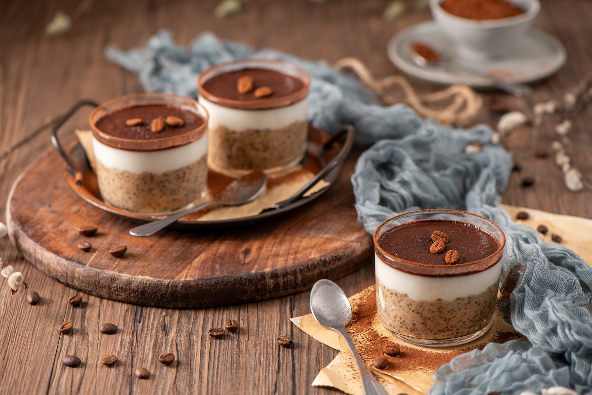 Tiramisu,Chia,Puddings,Elegantly,Served,In,Glass,Cups,,Topped,With