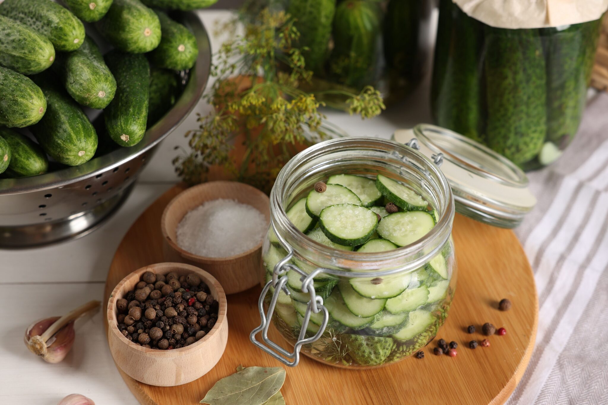 Homemade,Pickles.,Fresh,Cucumbers,In,Jar,And,Spices,On,Table