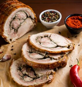Italian,Porchetta,Slices,,Pork,Meat,Roll,On,Wooden,Traditional,Board