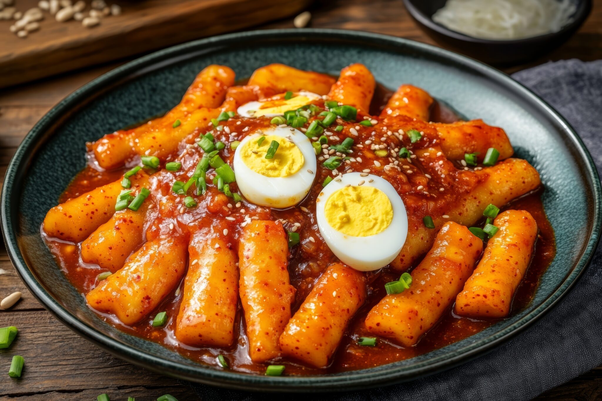 Delicious,Spicy,Tteokbokki,With,Boiled,Eggs,And,Sesame,Seeds