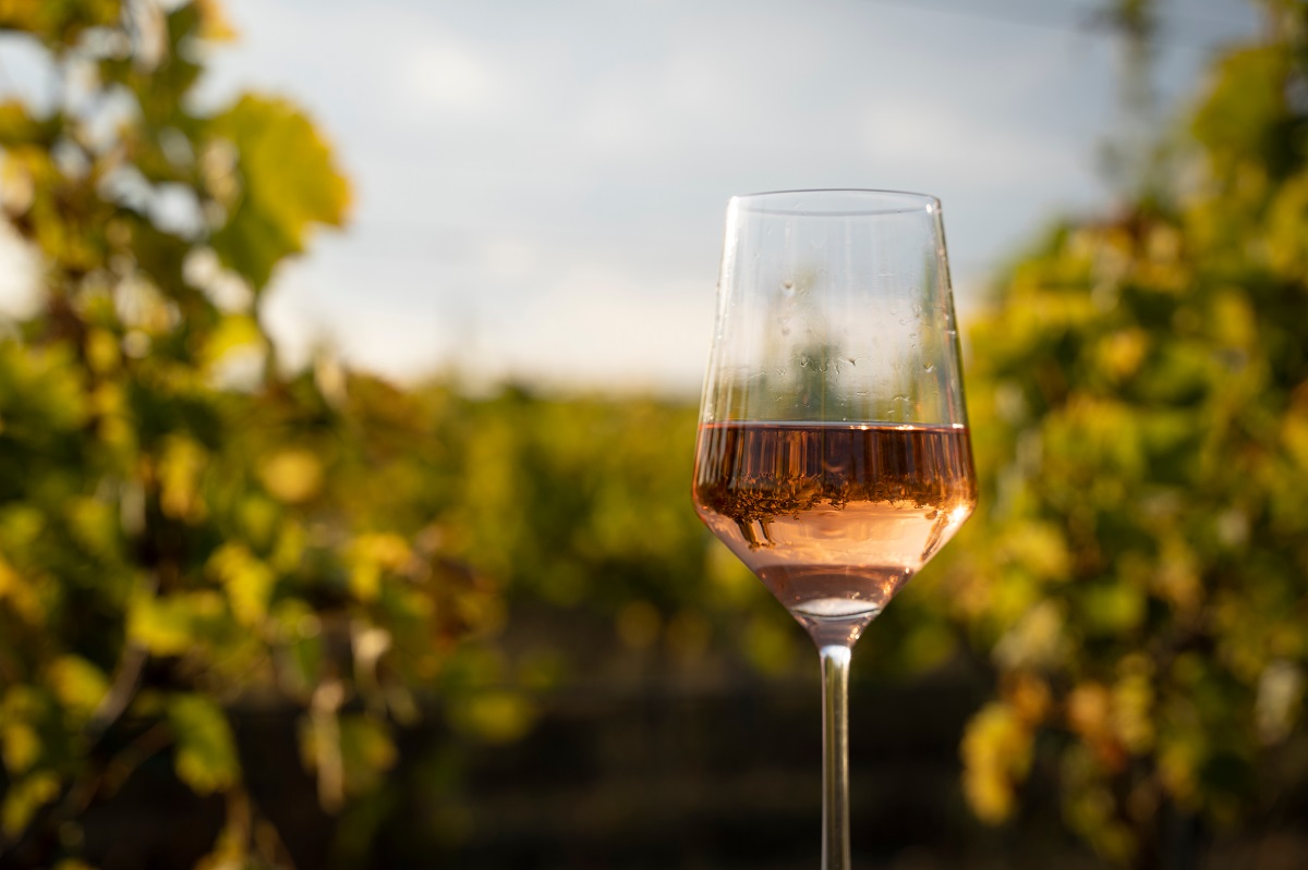 Closeup,Front,View,Glass,Of,Rose,Wine,In,The,Morning