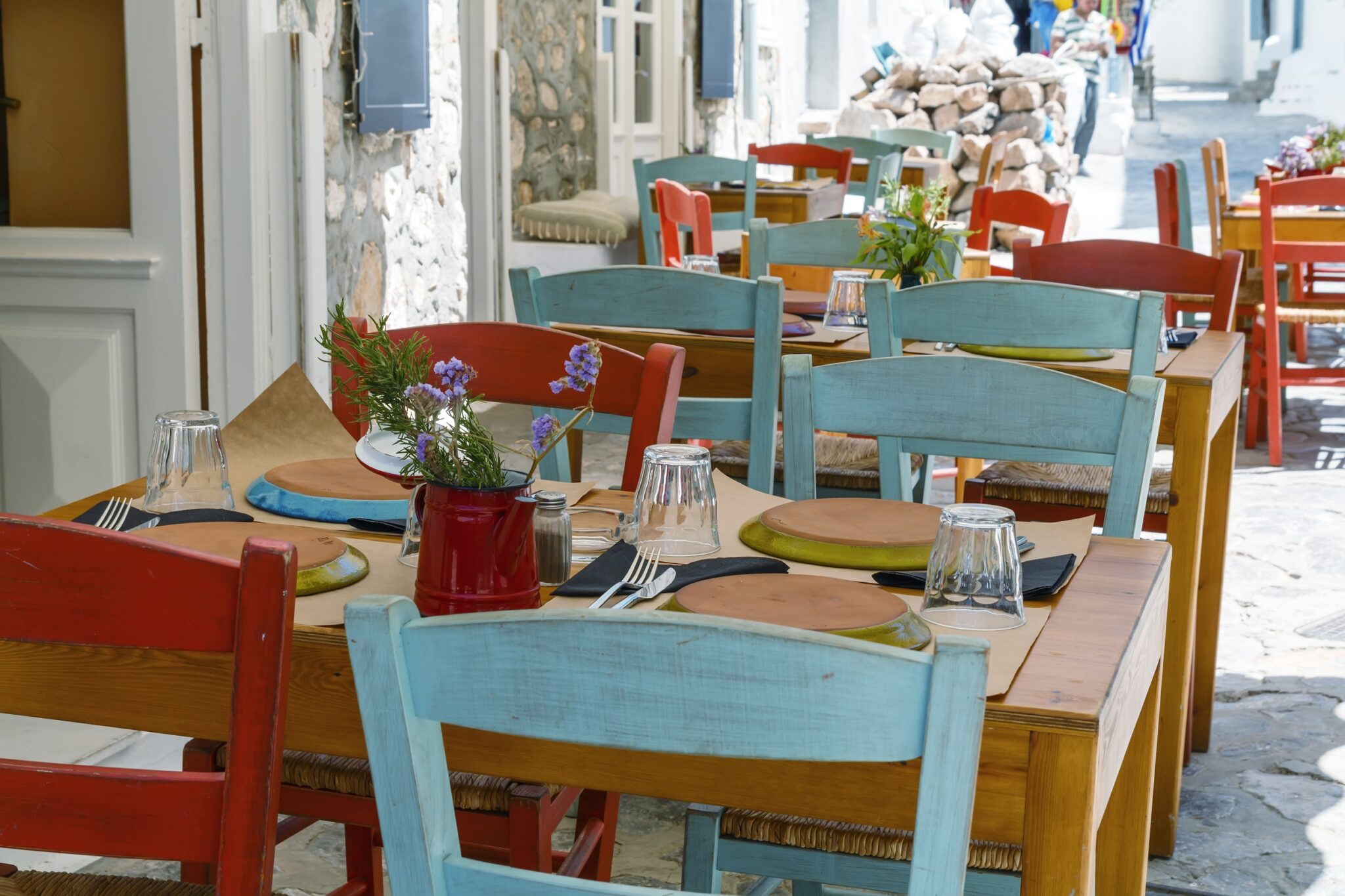 Typical,Greek,Taverna,With,Tables,Outside,,Street,Taverna