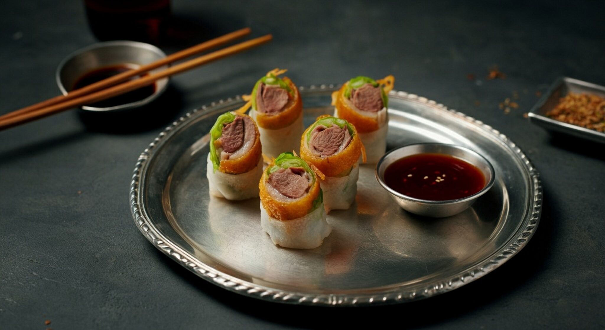 Peking-duck,Rolls,With,Juicy,Sauce,Decorative,On,Silver,Plate