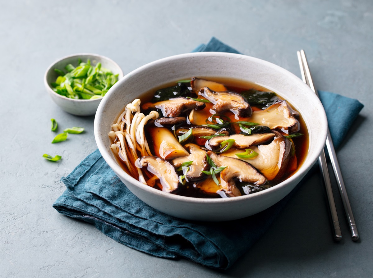 Miso,Soup,With,Mushrooms.,Traditional,Japanese,Food.,Grey,Background.,Copy