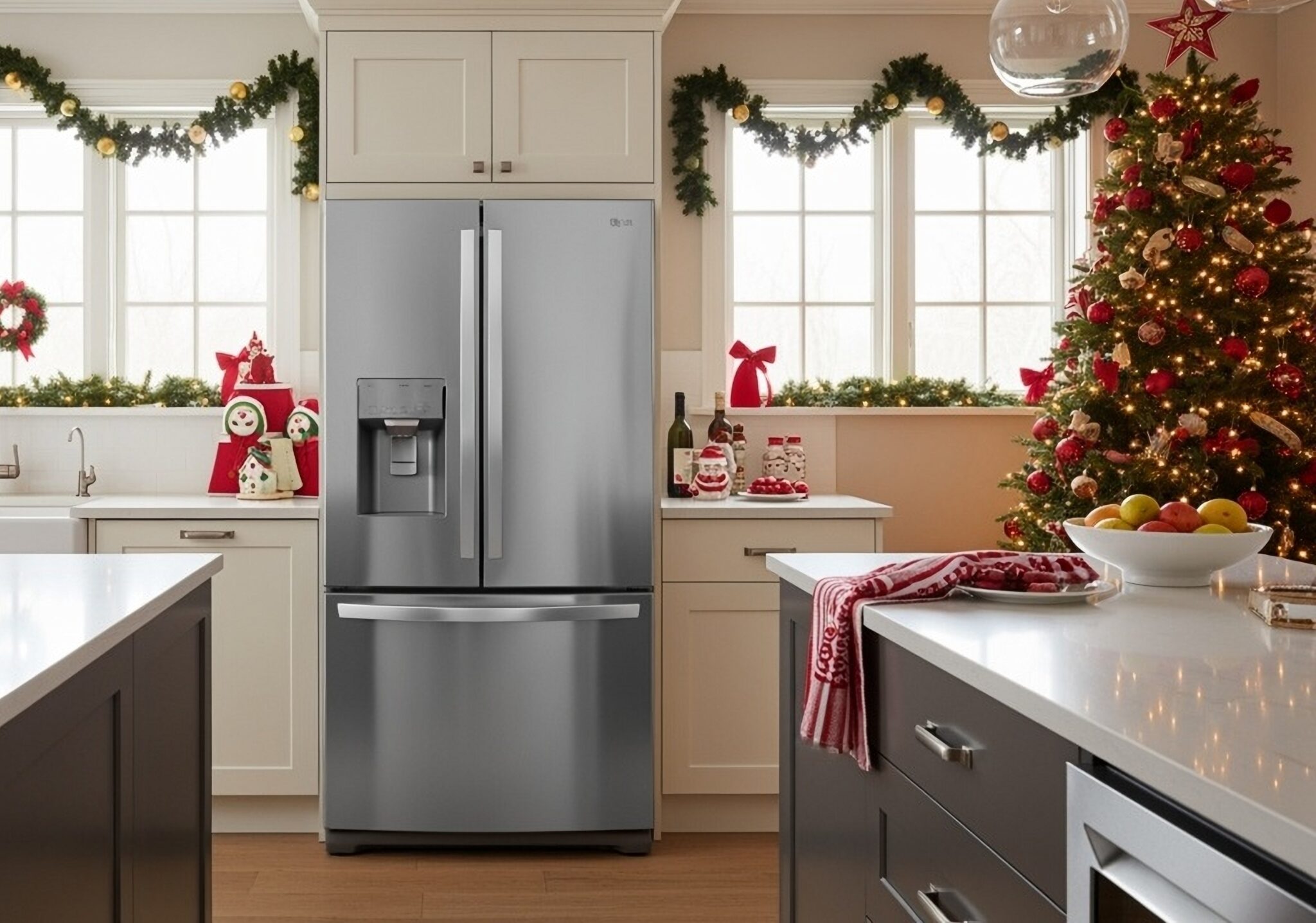 Fridge,In,The,Middle.,Bright,Kitchen,,Christmas,Decor