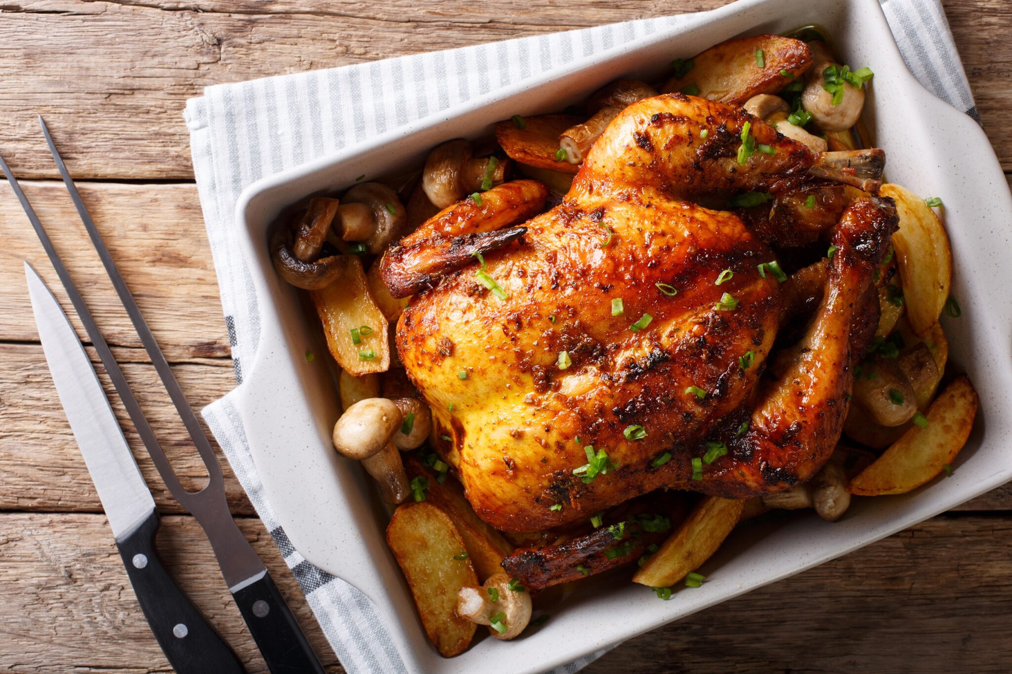 Whole,Baked,Chicken,With,Mushrooms,And,Potatoes,Close-up,In,A