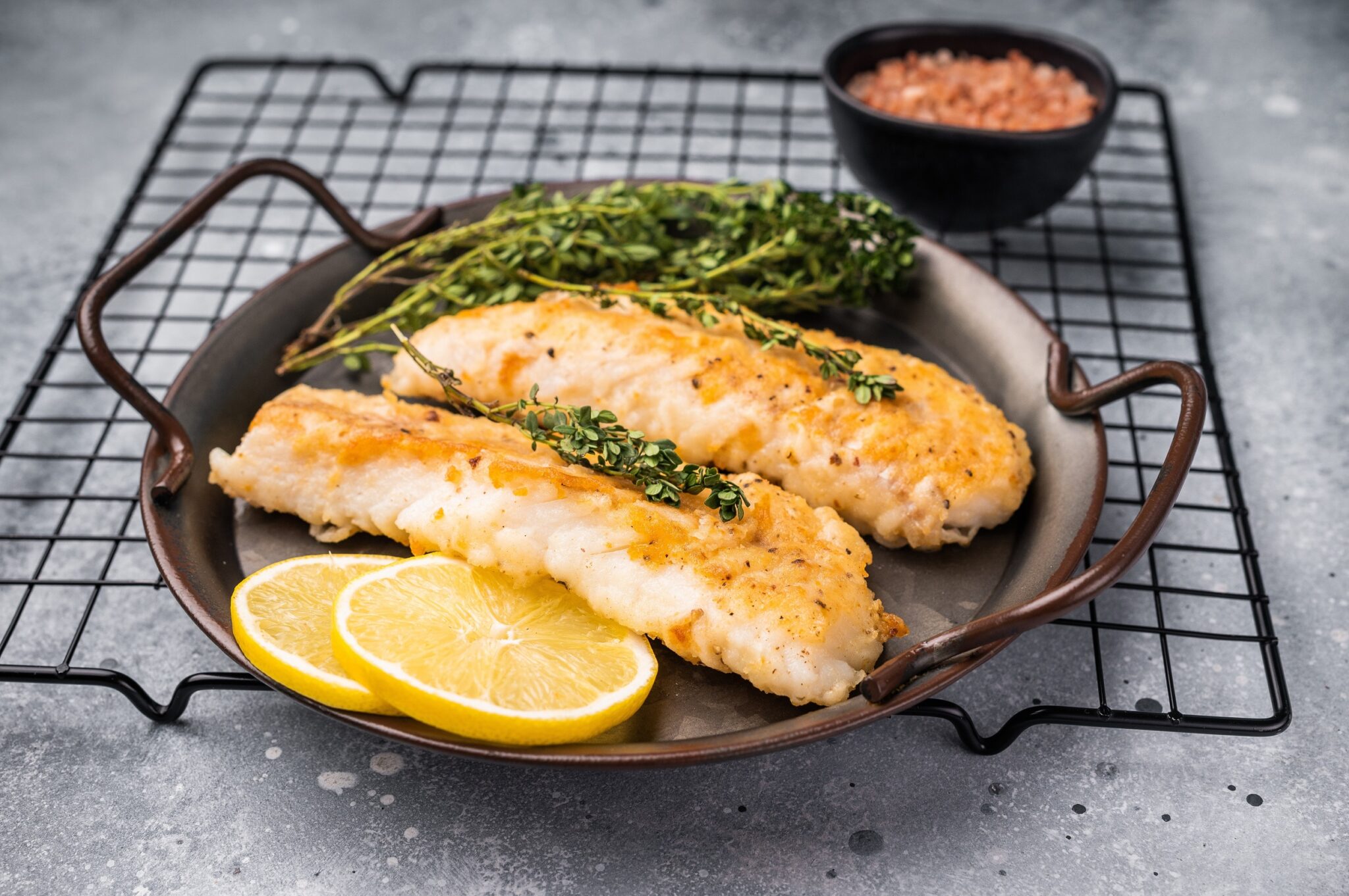 Baked,Cod,Fish,Fiilet,,Fried,Whitefish,Meat.,Grey,Background.,Top