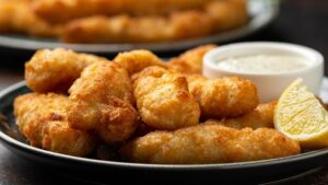 Crispy,Fish,Strips,With,Tartar,Sauce,In,A,Plate